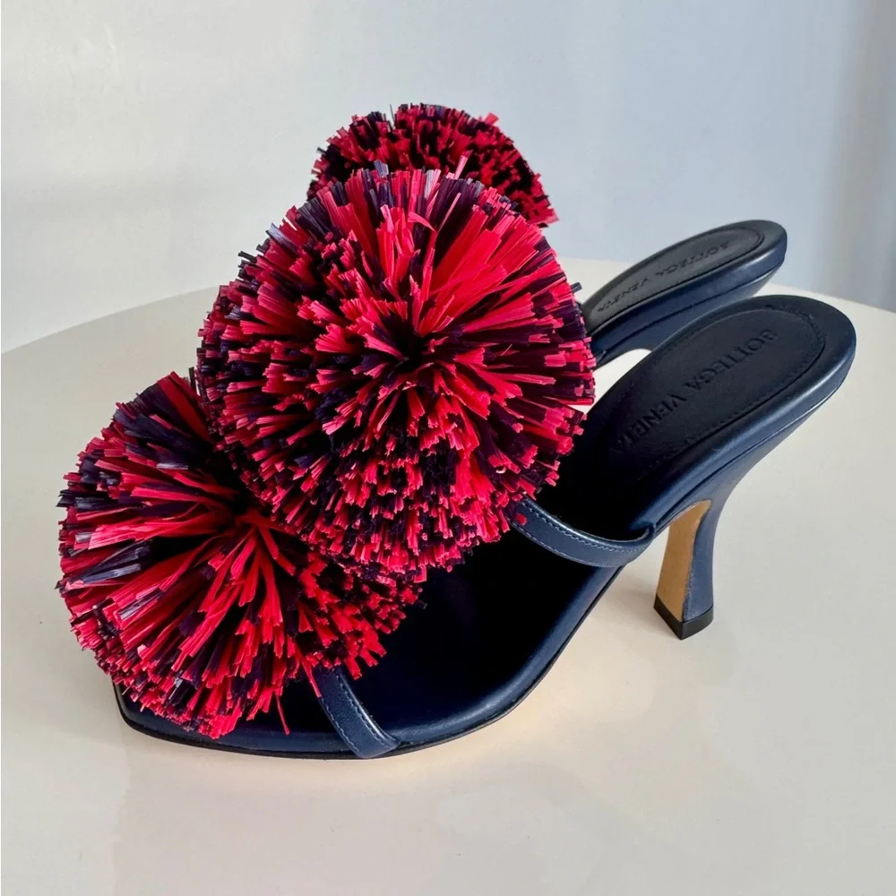 Bottega Veneta *NEW* Leather Navy Blue & Red Pom Pom Shoes- Size 6 - Picture 6 of 12